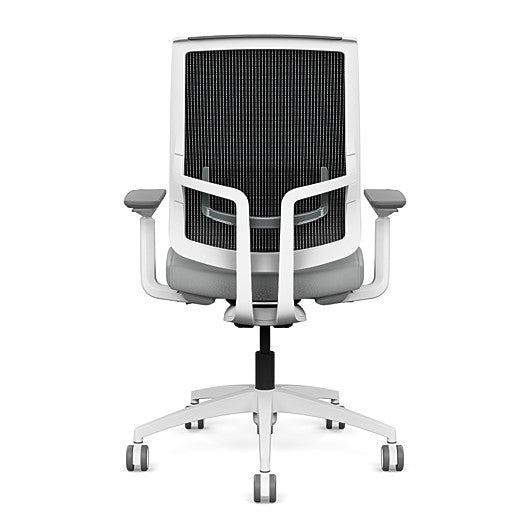 Back view of the Highback SitonIt Focus 2.0 Ergonomic Desk Chair in a black mesh, white frame, platinum vinyl fabric seat. Kansas City Office Design