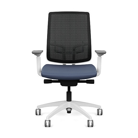 Front view of the Highback SitonIt Focus 2.0 Ergonomic Desk Chair in a black mesh, white frame, sapphire vinyl fabric seat. Kansas City Office Design
