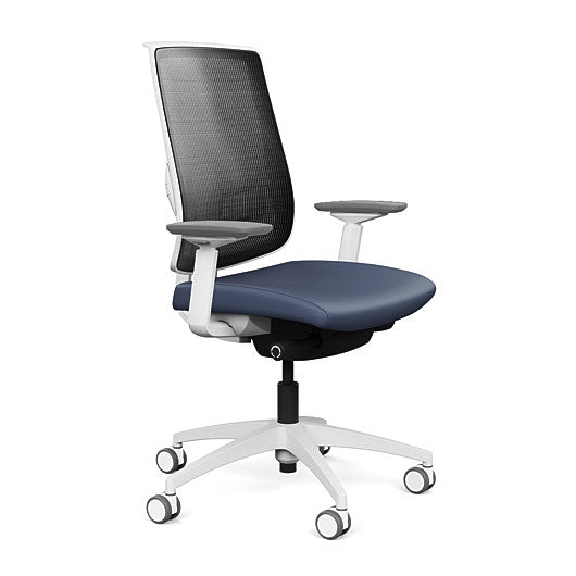 Side view of the Highback SitonIt Focus 2.0 Ergonomic Desk Chair in a black mesh, white frame, sapphire vinyl fabric seat. Kansas City Office Design