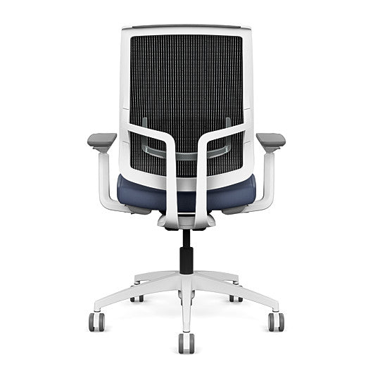Back view of the Highback SitonIt Focus 2.0 Ergonomic Desk Chair in a black mesh, white frame, sapphire vinyl fabric seat. Kansas City Office Design