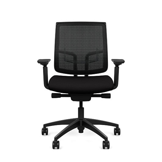Front view of the Medback SitonIt Focus 2.0 Ergonomic Desk Chair in a black mesh, black frame, black fabric seat. Kansas City Office Design