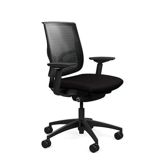 Side view of the Medback SitonIt Focus 2.0 Ergonomic Desk Chair in a black mesh, black frame, black fabric seat. Kansas City Office Design