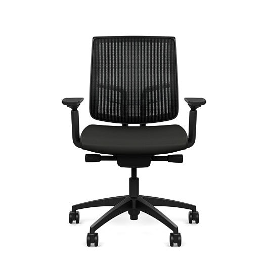 Front view of the Medback SitonIt Focus 2.0 Ergonomic Desk Chair in a black mesh, black frame, black vinyl fabric seat. Kansas City Office Design