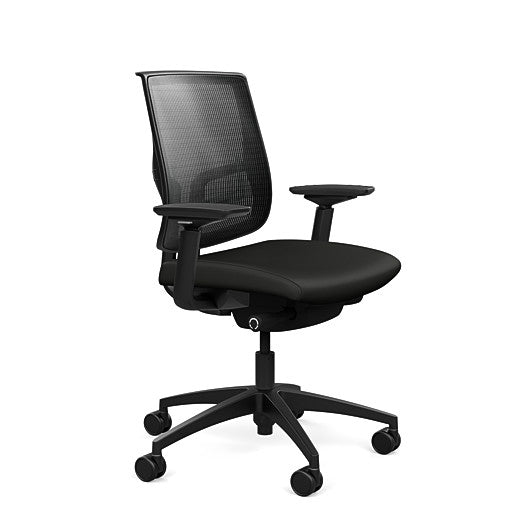 Side view of the Medback SitonIt Focus 2.0 Ergonomic Desk Chair in a black mesh, black frame, black vinyl fabric seat. Kansas City Office Design