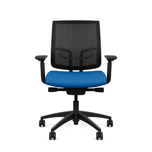 Front view of the Medback SitonIt Focus 2.0 Ergonomic Desk Chair in a black mesh, black frame, blue fabric seat. Kansas City Office Design