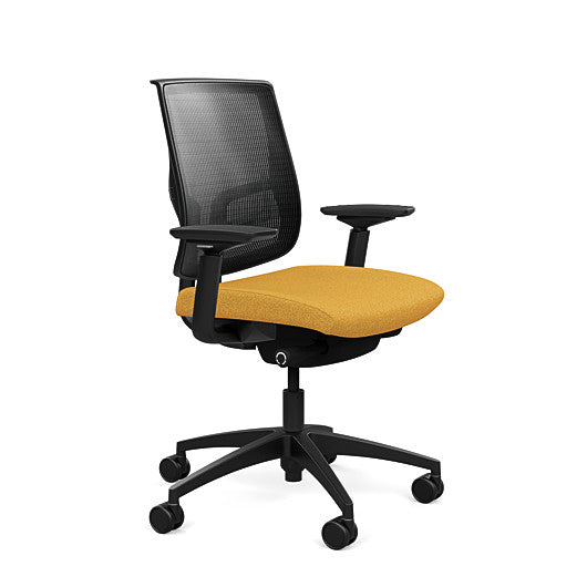 Side view of the Medback SitonIt Focus 2.0 Ergonomic Desk Chair in a black mesh, black frame, gold fabric seat. Kansas City Office Design