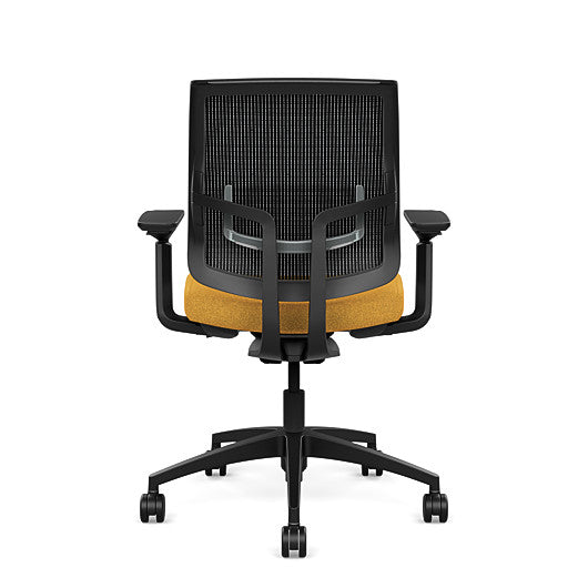 Back view of the Medback SitonIt Focus 2.0 Ergonomic Desk Chair in a black mesh, black frame, gold fabric seat. Kansas City Office Design