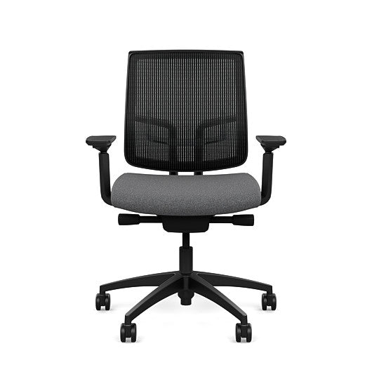 Front view of the Medback SitonIt Focus 2.0 Ergonomic Desk Chair in a black mesh, black frame, gray fabric seat. Kansas City Office Design