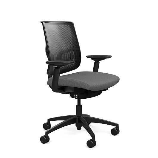 Side view of the Medback SitonIt Focus 2.0 Ergonomic Desk Chair in a black mesh, black frame, gray fabric seat. Kansas City Office Design