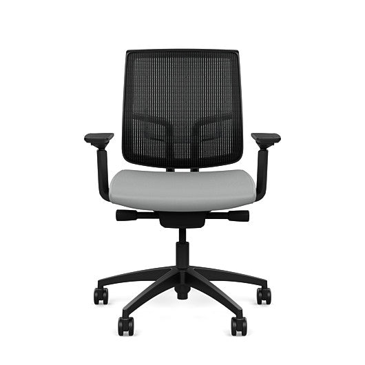 Front view of the Medback SitonIt Focus 2.0 Ergonomic Desk Chair in a black mesh, black frame, platinum vinyl fabric seat. Kansas City Office Design