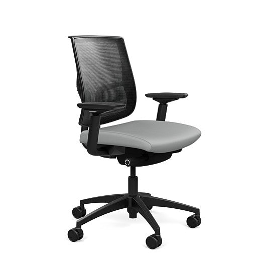 Side view of the Medback SitonIt Focus 2.0 Ergonomic Desk Chair in a black mesh, black frame, platinum vinyl fabric seat. Kansas City Office Design