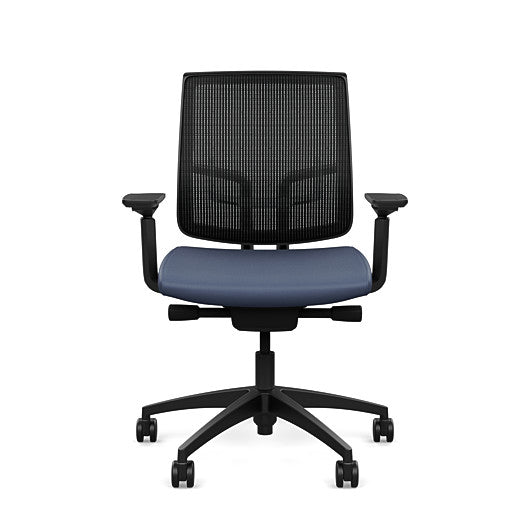 Front view of the Medback SitonIt Focus 2.0 Ergonomic Desk Chair in a black mesh, black frame, sapphire vinyl fabric seat. Kansas City Office Design