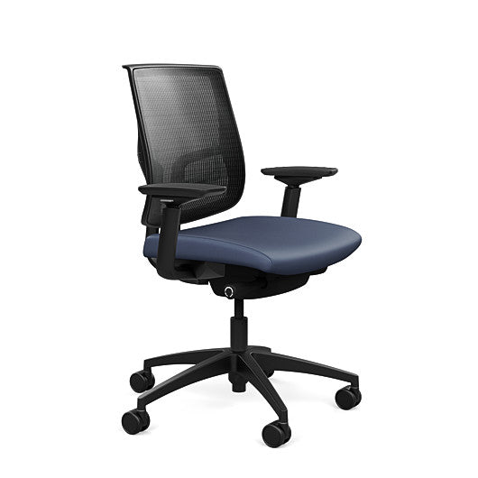 Side view of the Medback SitonIt Focus 2.0 Ergonomic Desk Chair in a black mesh, black frame, platinum vinyl fabric seat. Kansas City Office Design