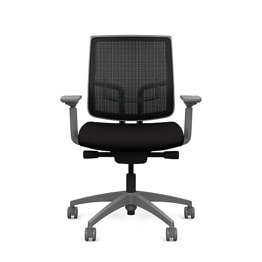 Front view of the Medback SitonIt Focus 2.0 Ergonomic Desk Chair in a black mesh, fog frame, black fabric seat. Kansas City Office Design