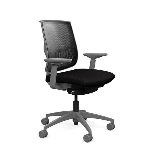 Side view of the Medback SitonIt Focus 2.0 Ergonomic Desk Chair in a black mesh, fog frame, black fabric seat. Kansas City Office Design