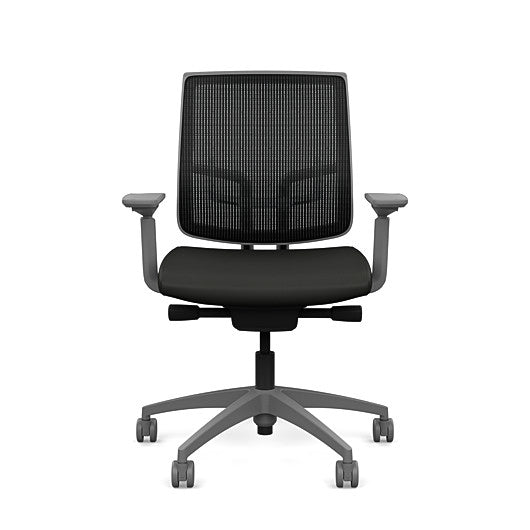 Front view of the Medback SitonIt Focus 2.0 Ergonomic Desk Chair in a black mesh, fog frame, black vinyl fabric seat. Kansas City Office Design