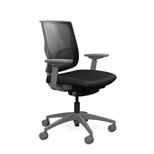 Side view of the Medback SitonIt Focus 2.0 Ergonomic Desk Chair in a black mesh, fog frame, black vinyl fabric seat. Kansas City Office Design