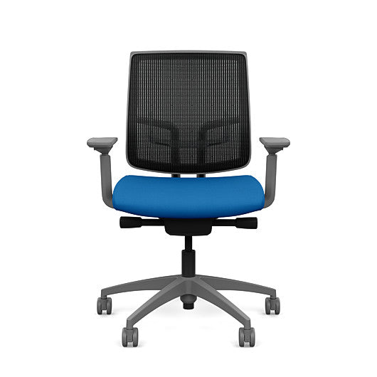 Front view of the Medback SitonIt Focus 2.0 Ergonomic Desk Chair in a black mesh, fog frame, blue fabric seat. Kansas City Office Design