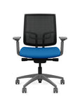 Front view of the Medback SitonIt Focus 2.0 Ergonomic Desk Chair in a black mesh, fog frame, blue fabric seat. Kansas City Office Design