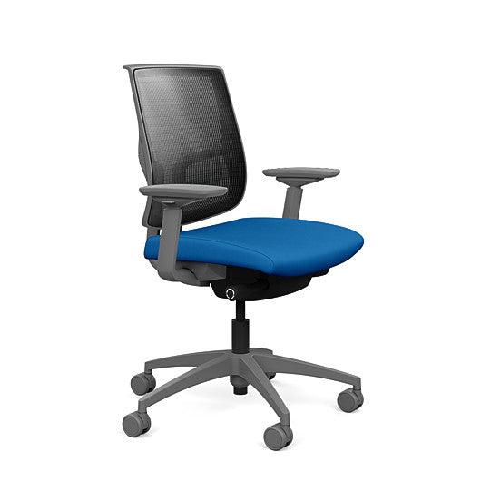 Side view of the Medback SitonIt Focus 2.0 Ergonomic Desk Chair in a black mesh, fog frame, blue fabric seat. Kansas City Office Design