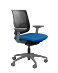 Side view of the Medback SitonIt Focus 2.0 Ergonomic Desk Chair in a black mesh, fog frame, blue fabric seat. Kansas City Office Design
