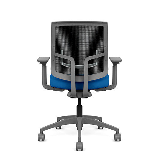 Back view of the Medback SitonIt Focus 2.0 Ergonomic Desk Chair in a black mesh, fog frame, blue fabric seat. Kansas City Office Design