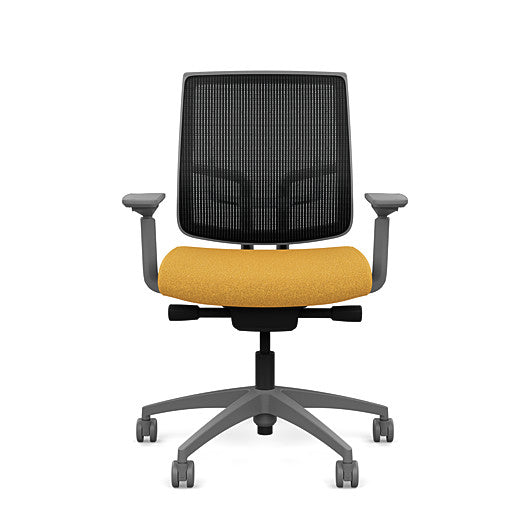 Front view of the Medback SitonIt Focus 2.0 Ergonomic Desk Chair in a black mesh, fog frame, gold fabric seat. Kansas City Office Design