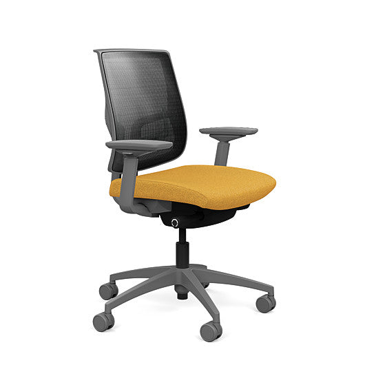 Side view of the Medback SitonIt Focus 2.0 Ergonomic Desk Chair in a black mesh, fog frame, gold fabric seat. Kansas City Office Design