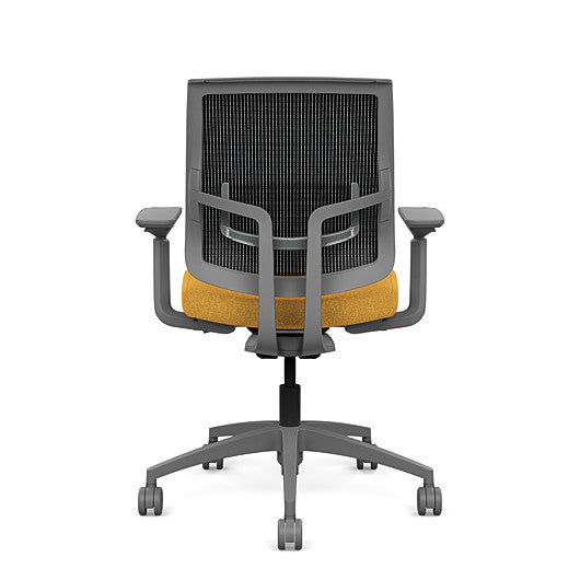 Back view of the Medback SitonIt Focus 2.0 Ergonomic Desk Chair in a black mesh, fog frame, gold fabric seat. Kansas City Office Design