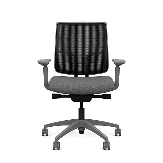 Front view of the Medback SitonIt Focus 2.0 Ergonomic Desk Chair in a black mesh, fog frame, gray fabric seat. Kansas City Office Design