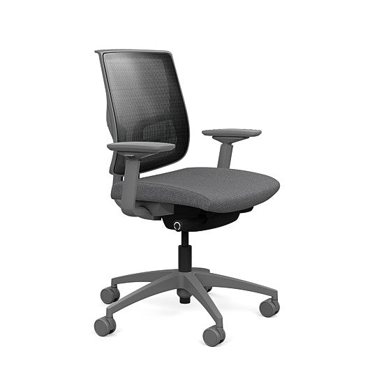 Side view of the Medback SitonIt Focus 2.0 Ergonomic Desk Chair in a black mesh, fog frame, gray fabric seat. Kansas City Office Design