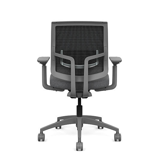 Back view of the Medback SitonIt Focus 2.0 Ergonomic Desk Chair in a black mesh, fog frame, gray fabric seat. Kansas City Office Design