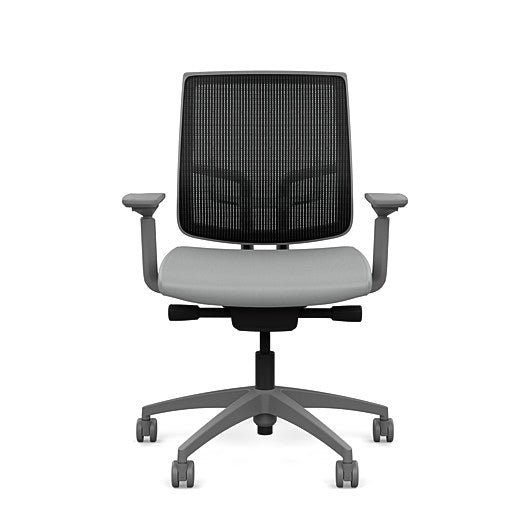 Front view of the Medback SitonIt Focus 2.0 Ergonomic Desk Chair in a black mesh, fog frame, platinum vinyl fabric seat. Kansas City Office Design