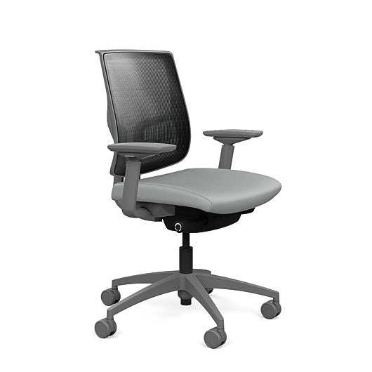 Side view of the Medback SitonIt Focus 2.0 Ergonomic Desk Chair in a black mesh, fog frame, platinum vinyl fabric seat. Kansas City Office Design