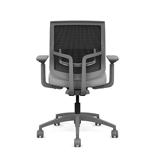 Back view of the Medback SitonIt Focus 2.0 Ergonomic Desk Chair in a black mesh, fog frame, platinum vinyl fabric seat. Kansas City Office Design