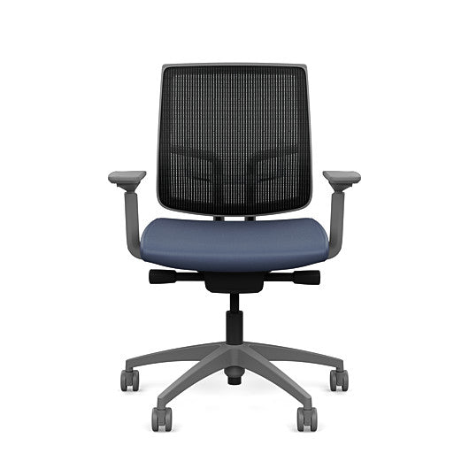 Front view of the Medback SitonIt Focus 2.0 Ergonomic Desk Chair in a black mesh, fog frame, sapphire vinyl fabric seat. Kansas City Office Design