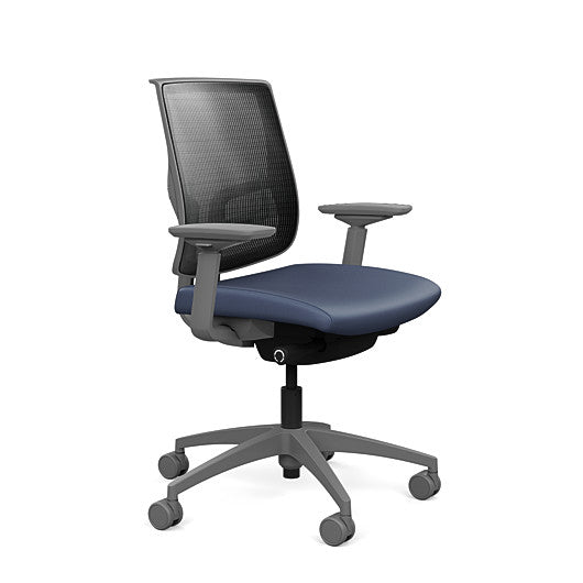 Side view of the Medback SitonIt Focus 2.0 Ergonomic Desk Chair in a black mesh, fog frame, sapphire vinyl fabric seat. Kansas City Office Design