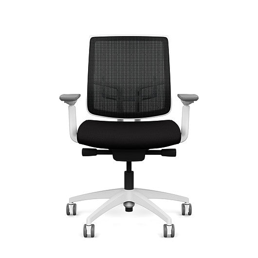 Front view of the Medback SitonIt Focus 2.0 Ergonomic Desk Chair in a black mesh,  white frame, black fabric seat. Kansas City Office Design