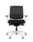 Front view of the Medback SitonIt Focus 2.0 Ergonomic Desk Chair in a black mesh,  white frame, black fabric seat. Kansas City Office Design