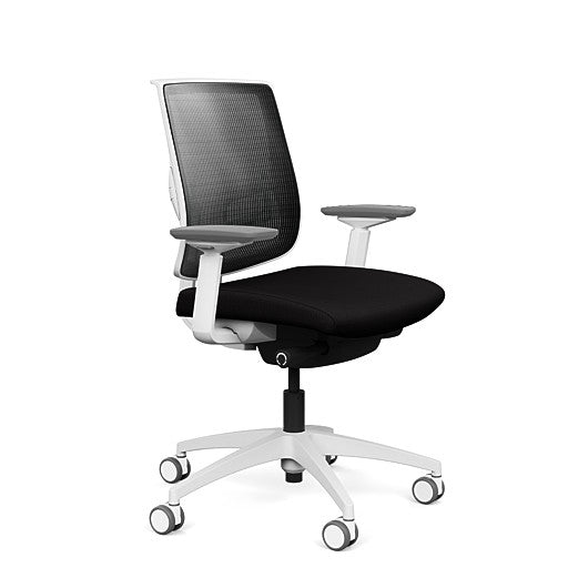 Side view of the Medback SitonIt Focus 2.0 Ergonomic Desk Chair in a black mesh,  white frame, black fabric seat. Kansas City Office Design