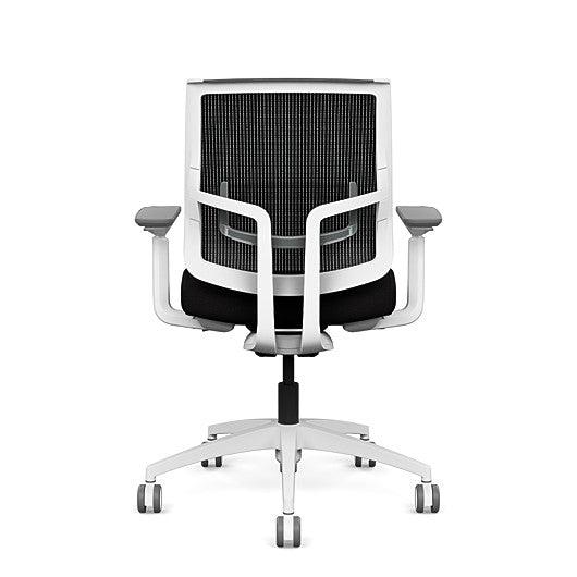 Back view of the Medback SitonIt Focus 2.0 Ergonomic Desk Chair in a black mesh,  white frame, black fabric seat. Kansas City Office Design
