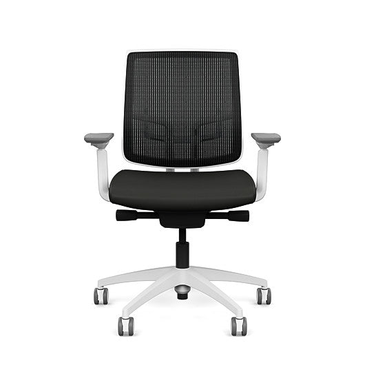 Front view of the Medback SitonIt Focus 2.0 Ergonomic Desk Chair in a black mesh,  white frame, black vinyl fabric seat. Kansas City Office Design