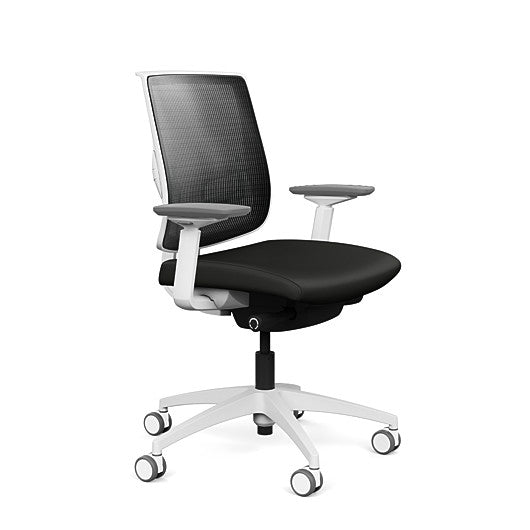 Side view of the Medback SitonIt Focus 2.0 Ergonomic Desk Chair in a black mesh,  white frame, black vinyl fabric seat. Kansas City Office Design