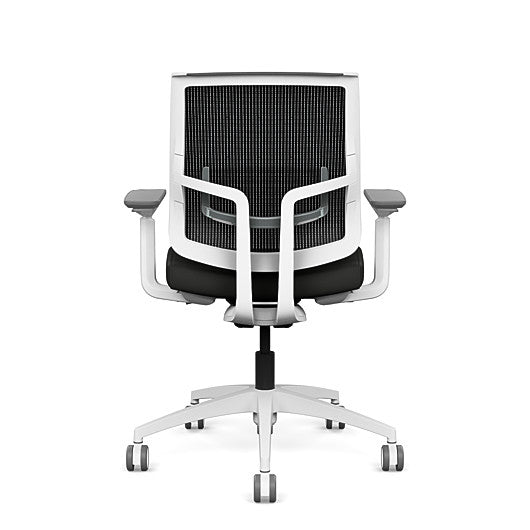 Back view of the Medback SitonIt Focus 2.0 Ergonomic Desk Chair in a black mesh,  white frame, black vinyl fabric seat. Kansas City Office Design
