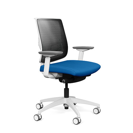 Side view of the Medback SitonIt Focus 2.0 Ergonomic Desk Chair in a black mesh,  white frame, blue fabric seat. Kansas City Office Design
