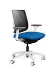 Side view of the Medback SitonIt Focus 2.0 Ergonomic Desk Chair in a black mesh,  white frame, blue fabric seat. Kansas City Office Design