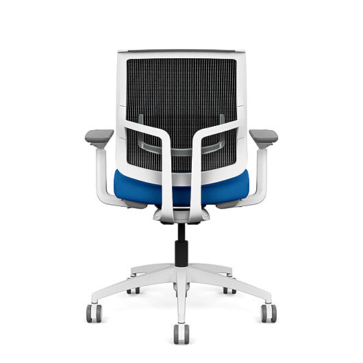 Back view of the Medback SitonIt Focus 2.0 Ergonomic Desk Chair in a black mesh,  white frame, blue fabric seat. Kansas City Office Design