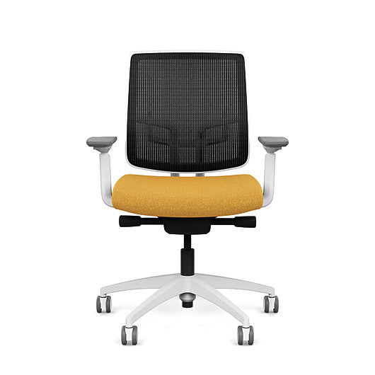 Front view of the Medback SitonIt Focus 2.0 Ergonomic Desk Chair in a black mesh,  white frame, gold fabric seat. Kansas City Office Design