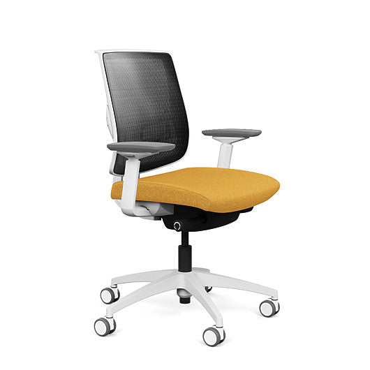Side view of the Medback SitonIt Focus 2.0 Ergonomic Desk Chair in a black mesh,  white frame, gold fabric seat. Kansas City Office Design