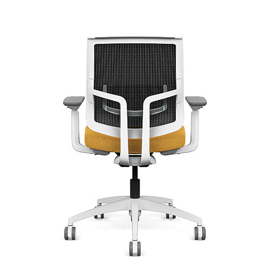 Back view of the Medback SitonIt Focus 2.0 Ergonomic Desk Chair in a black mesh,  white frame, gold fabric seat. Kansas City Office Design